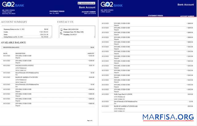 Realistic UK GO2 bank statement word 2 pages sample